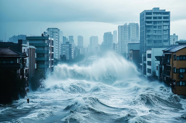 Foto grátis uma onda de tsunami atingiu a cidade e danificou estruturas