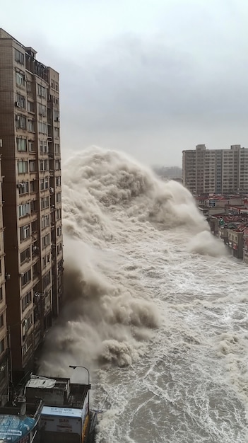 Foto grátis uma onda de tsunami atingiu a cidade e danificou estruturas