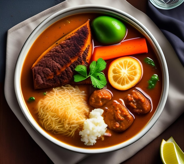 Foto grátis uma tigela de comida com uma colher e um copo de água ao lado.