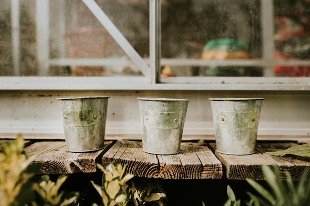 Vasos para plantas em mesa de madeira rústica