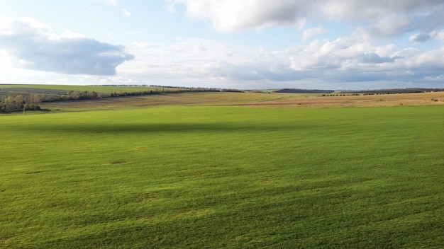 Foto grátis visão aérea de drones da natureza na moldávia, campos semeados, árvores ao longe, céu nublado