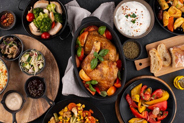 Vista de cima da mesa cheia de deliciosas composições de alimentos