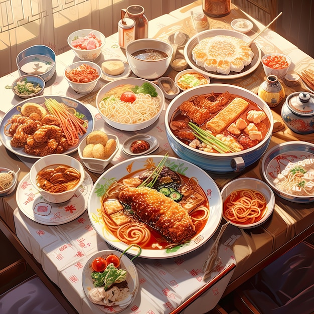 Foto grátis vista de comida deliciosa para o jantar de reunião em estilo anime