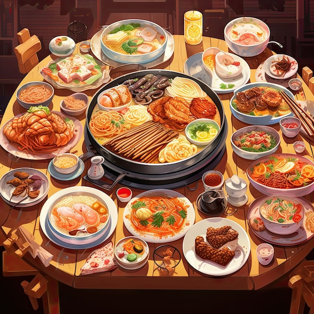 Foto grátis vista de comida deliciosa para o jantar de reunião em estilo anime