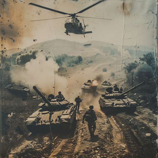 Foto grátis vista de estilo retro de veículo de tanque de combate durante a guerra