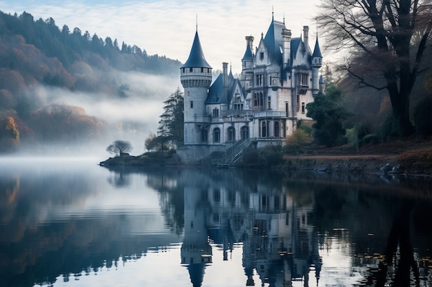 Foto grátis vista do castelo com lago e paisagem natural