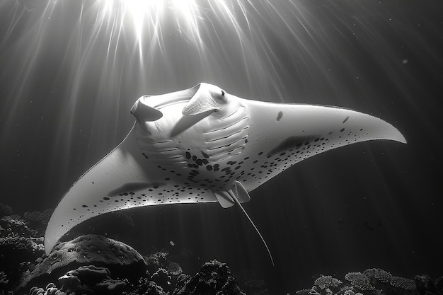 Foto grátis vista monocromática de um animal de raia manta debaixo d'água