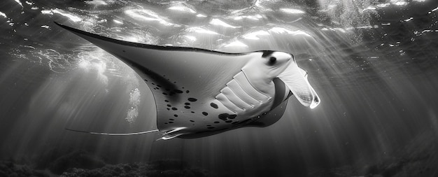 Foto grátis vista monocromática de um animal de raia manta debaixo d'água