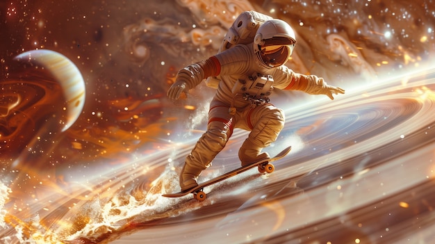 Kostenloses Foto astronaut skateboardet auf verschiedenen planeten im weltraum