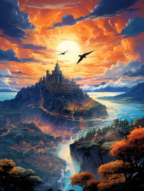 Berglandschaft mit einer Szene im Fantasy-Stil