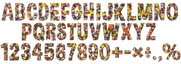 Kostenlose Foto blumen schrift ein frühlings-alphabet aus echten lebenden blumen mit weißem hintergrund