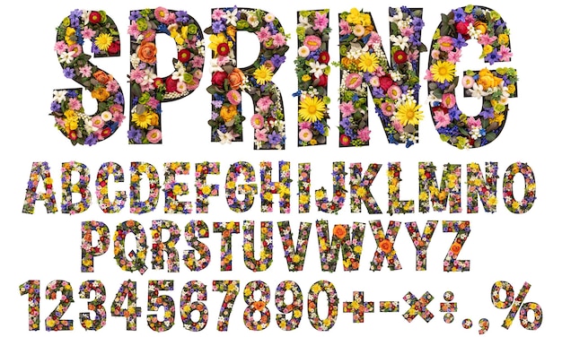 Kostenlose Foto blumen schrift ein frühlings-alphabet aus echten lebenden blumen mit weißem hintergrund