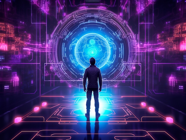 Kostenloses Foto cyberpunk-illustration mit neonfarben und futuristischer technologie