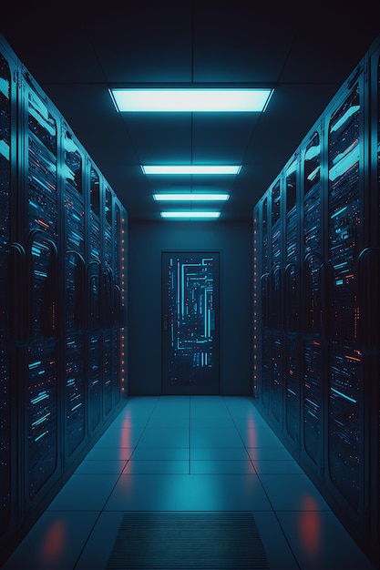 Kostenloses Foto datenserver-racks-hub-raum mit big-data-rechenzentrum blauer innenraum zum hosten von speicherhardware