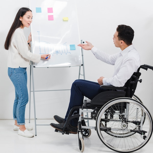 Kostenloses Foto ein geschäftsmann, der auf dem rollstuhl sitzt und etwas zum zeichnungsdiagramm der jungen frau auf whiteboard fragt