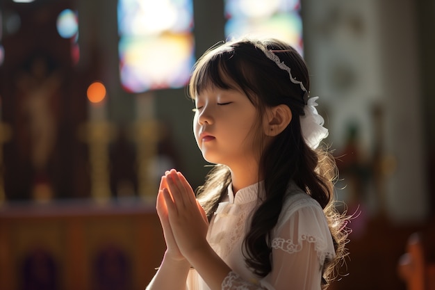 Kostenloses Foto ein junges mädchen in der kirche, das ihre erste kommunion zeremoniert