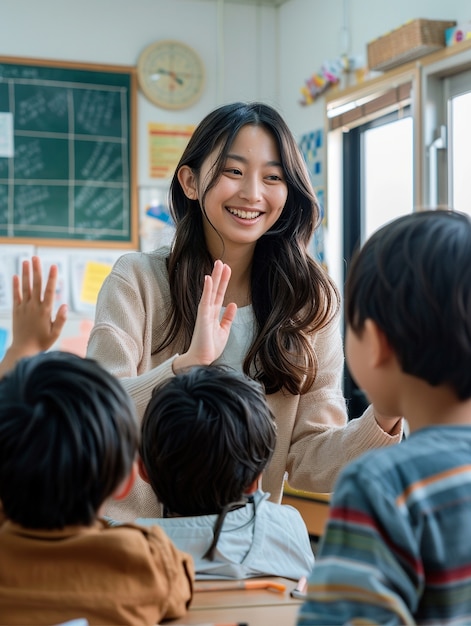 Kostenloses Foto ein lächelnder lehrer im klassenzimmer