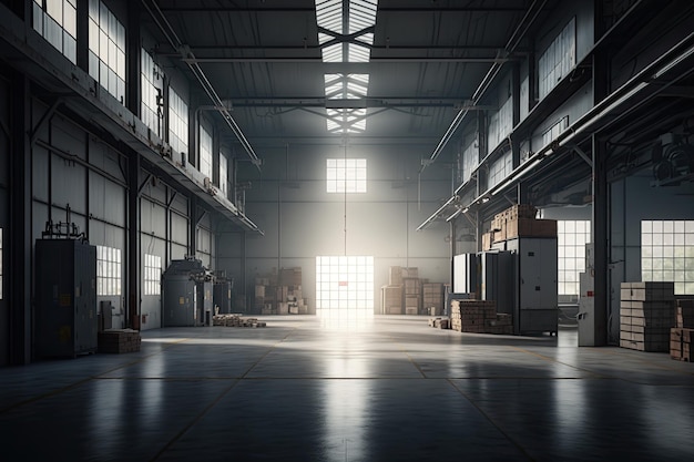 Kostenloses Foto eine große lagerhalle mit einem hellen licht, das durch die tür kommt