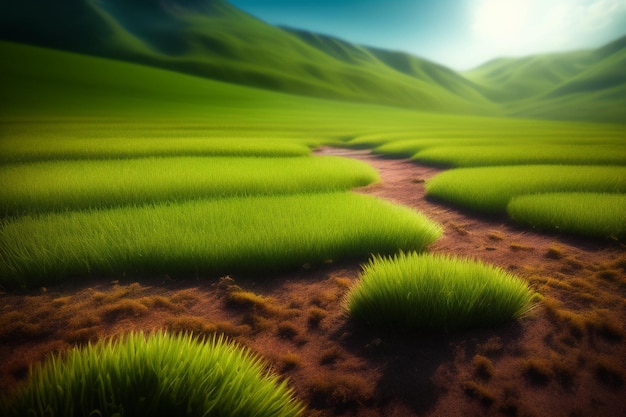 Kostenloses Foto eine grüne wiese mit gras und einem blauen himmel