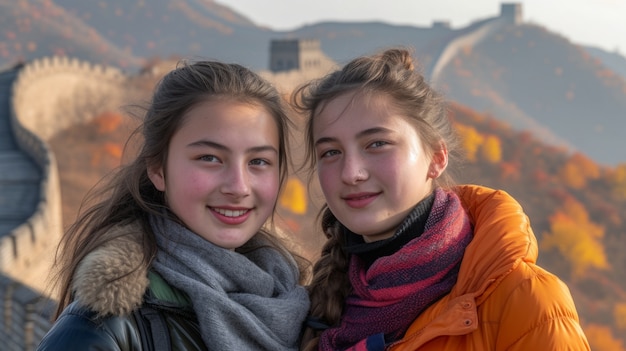 Kostenloses Foto eine gruppe junger freunde besucht die chinesische mauer