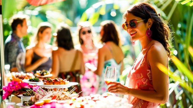 Kostenloses Foto eine lebendige sommer-soiree-szene mit gästen, die in punchy fuchsia geschmückt sind und sich um einen tisch mit gourmet-gerichten mischen