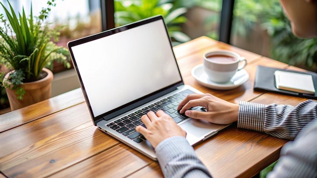 Kostenloses Foto eine person arbeitet an einem laptop mit einem leeren bildschirm an einem café-tisch