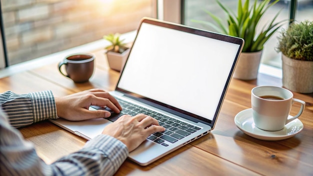 Eine Person arbeitet an einem Laptop mit einem leeren Bildschirm, Kaffeepflanzen und Sonnenlicht