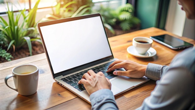 Kostenloses Foto eine person schreibt in einem café auf einem laptop