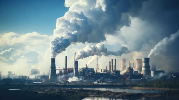 Kostenloses Foto fabrikrauch steigt auf und verdunkelt den blauen himmel