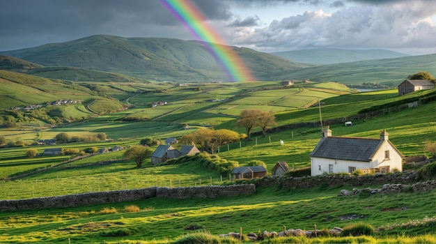 Kostenloses Foto fotorealistischer regenbogen mit ländlicher naturlandschaft