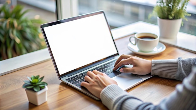 Kostenloses Foto frau schreibt auf einem laptop mit einer tasse kaffee und pflanzen im hintergrund