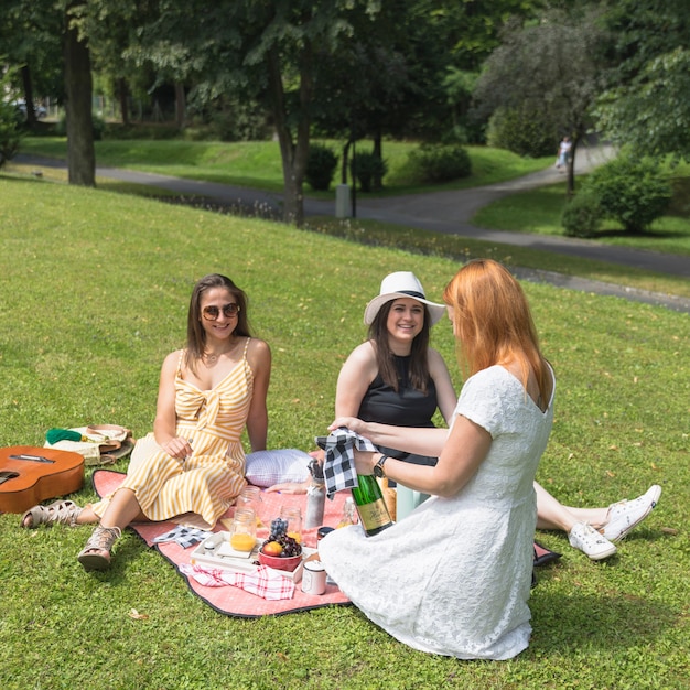 Kostenloses Foto freunde, welche die frau öffnen die bierflasche auf picknick betrachten