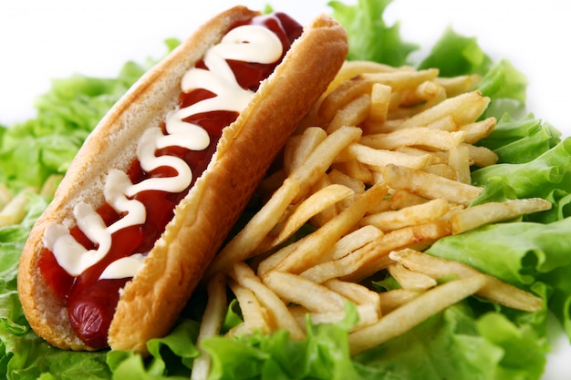 Kostenlose Foto frischer und leckerer hot dog mit bratkartoffeln