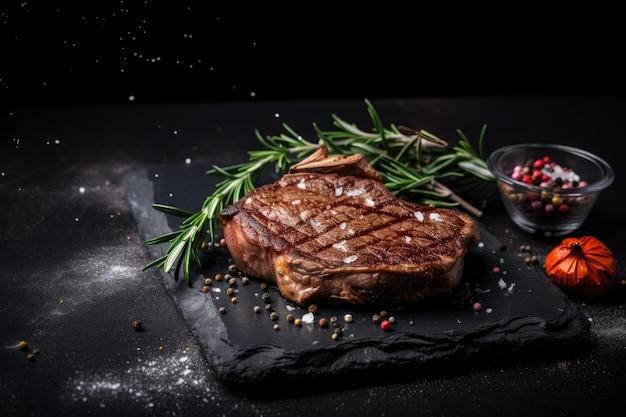 Kostenloses Foto gegrillte rindersteaks mit gewürzen und kräutern auf schwarzem schiefer und schwarzem hintergrund ai generativ