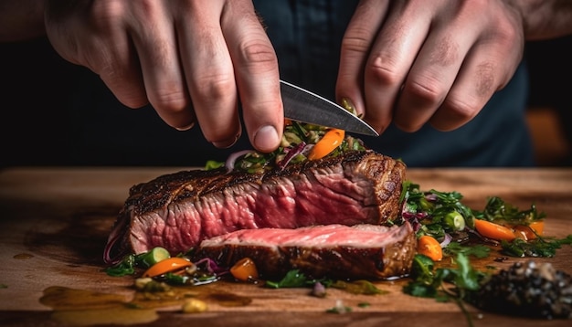 Kostenloses Foto gegrilltes lendensteak, selten gegart mit frischer gemüsezubereitung von ai