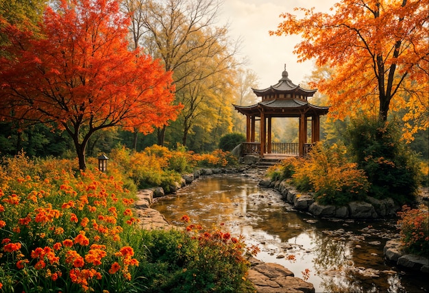 Kostenloses Foto herbstlandschaft des teiches mit gazebo