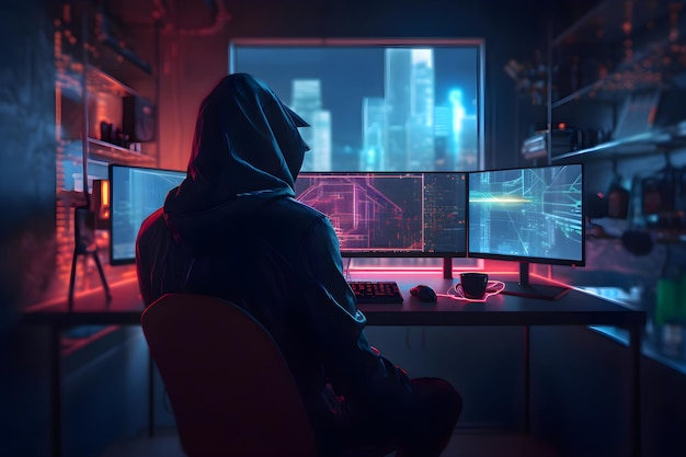 Kostenloses Foto hooded-hacker sitzt vor dem computermonitor cybercrime-konzept