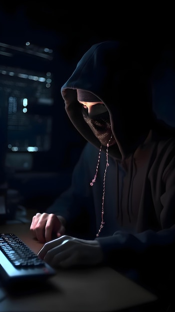 Kostenloses Foto hooded hacker stiehlt daten aus dem computer in der nacht closeup