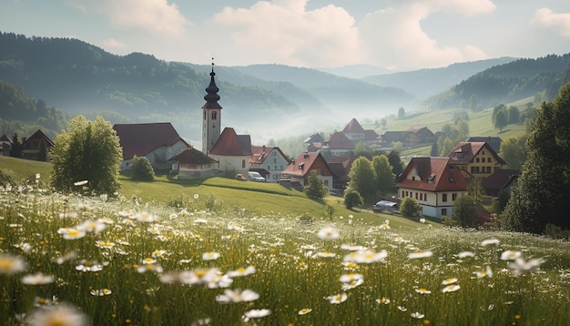 Kostenloses Foto idyllische kapelle auf bayerischer wiese, umgeben von bergen, die von ki generiert wurden