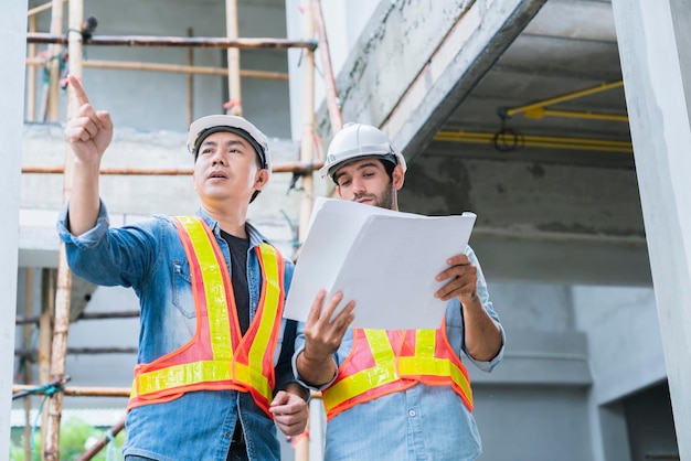 Kostenloses Foto junge asiatische ingenieure und kaukasische ingenieurkollegen beim baustelleninspektor und diskutieren gemeinsam mit notebook-computern und papierplänen auf der baustelle