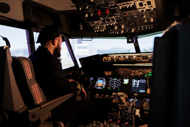 Kostenloses Foto kaukasischer flugzeugkapitän bereitet sich auf den start vor und fliegt das flugzeug mit steuerbefehlen und einschalttasten auf dem armaturenbrett im cockpit. pilotflugzeug mit panel-navigationsschalter.