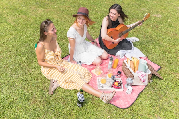 Kostenloses Foto lächelnde freundinnen, die spaß auf picknick haben