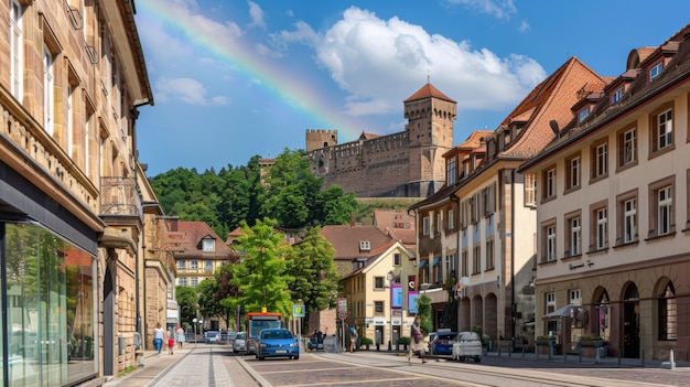 Kostenloses Foto landschaft mit farbenfrohen regenbogen, die am himmel erscheinen