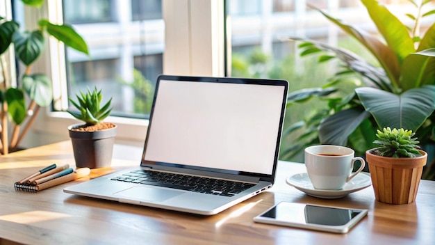 Kostenloses Foto laptop-tablet und kaffee auf einem holztisch in der nähe eines fensters