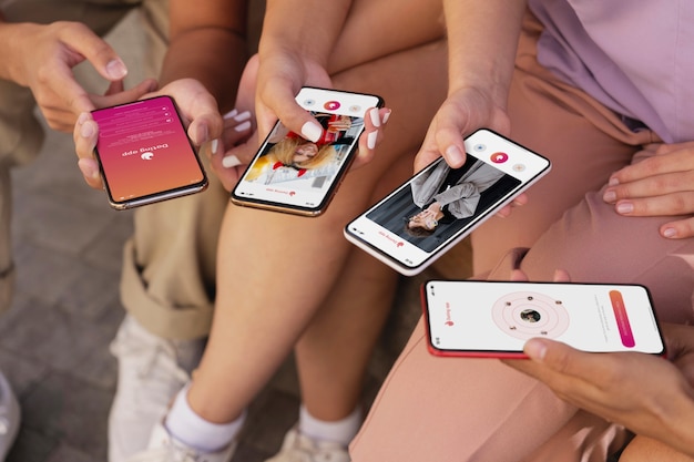 Kostenlose Foto leute, die smartphones mit dating-apps halten