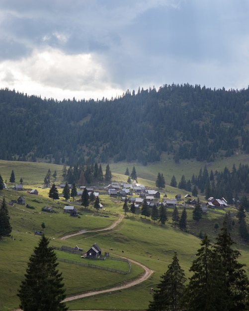 Kostenloses Foto luftaufnahme eines kleinen dorfes in einer erstaunlichen berglandschaft in siebenbürgen, rumänien