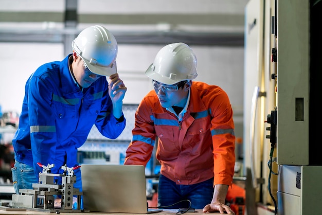 Kostenloses Foto männlicher asiatischer ingenieurfachmann, der eine diskussion im stehen über eine cnc-maschine in der fabrik führt, zwei asiatische mitarbeiter, die den prozess der cnc-betriebsmaschine erklären und lösen