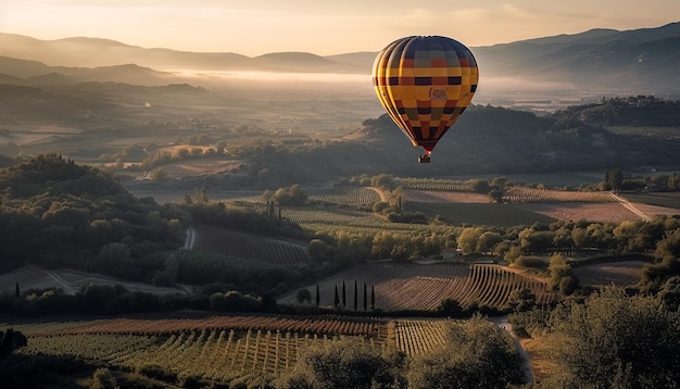 Mehrfarbiger Heißluftballon schwebt über Berge, die von KI generiert wurden