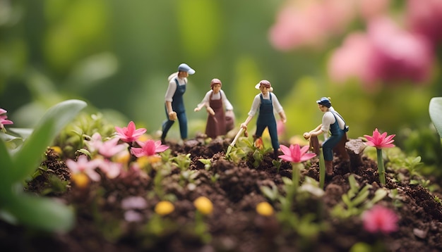 Kostenloses Foto miniaturmenschen gärtner pflanzt blumen im garten selektive fokussierung