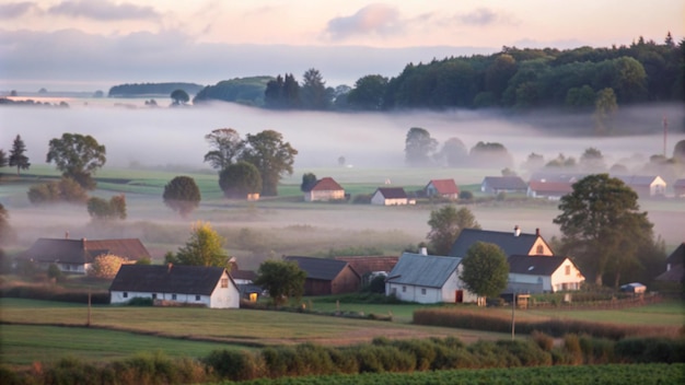 Kostenloses Foto nebeliger sonnenaufgang über einem ländlichen dorf mit häusern und bäumen